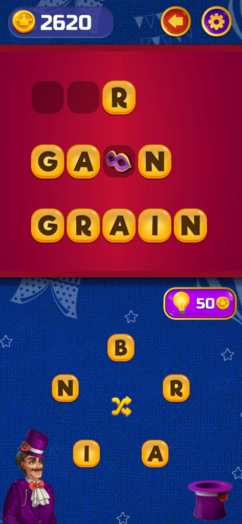 Gameplay screen of Circus Words showing a word search puzzle with a circus ringmaster and letter tiles