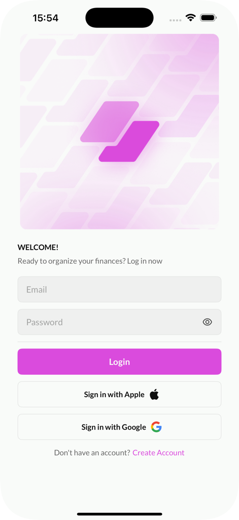 Finova - Finova app welcome and login screen with social sign in options