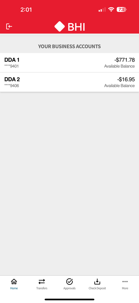 BHI Connect mobile app dashboard showing business account balances