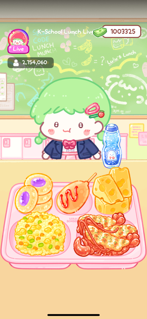 Tanghulu Master - Mukbang ASMR - Un personaje lindo en Tanghulu Master organizando una transmisión en vivo de almuerzo escolar K-mukbang con una bandeja de comida