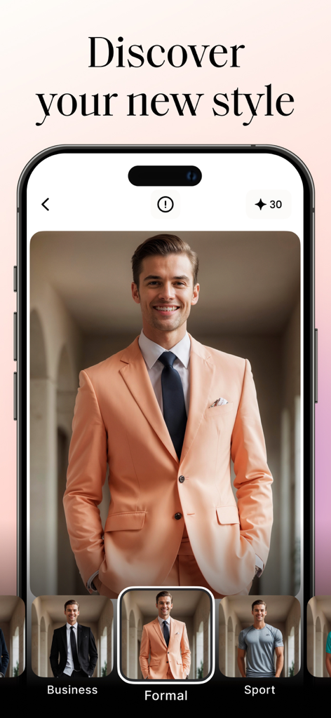 Virtual Try On: Outfit Planner - ビジネスとスポーツのスタイルオプションを備えたピーチ色のフォーマルスーツを男性がバーチャルに試着している様子を示すAIコーディネートプランナーアプリのインターフェース
