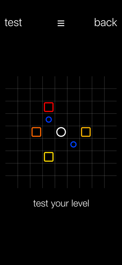 swipe - Une grille minimaliste dans l'éditeur de niveaux de l'application Swipe, composée de carrés et de cercles colorés sur fond noir.