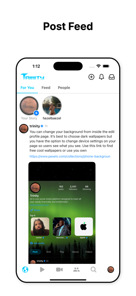 Trinity Social - Trinity Social app interface showing the post feed with creator updates and stories on an iPhone