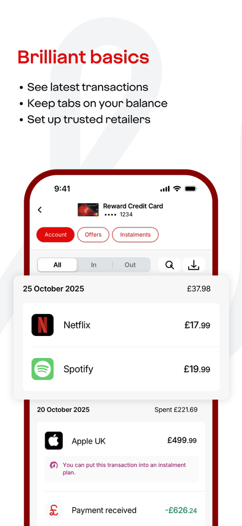 Virgin Money Credit Card - Mobile screen showing credit card transactions for subscriptions and retail purchases in the Virgin Money app