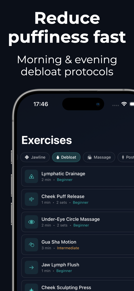 Jawliner: Debloat & Sculpt Jaw - Interfaz de la aplicación móvil que muestra una lista de ejercicios faciales para desinflamar y drenaje linfático.