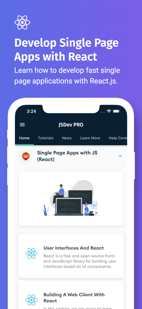 Interface of the Learn JavaScript Development app highlighting React.js tutorials for building single page applications