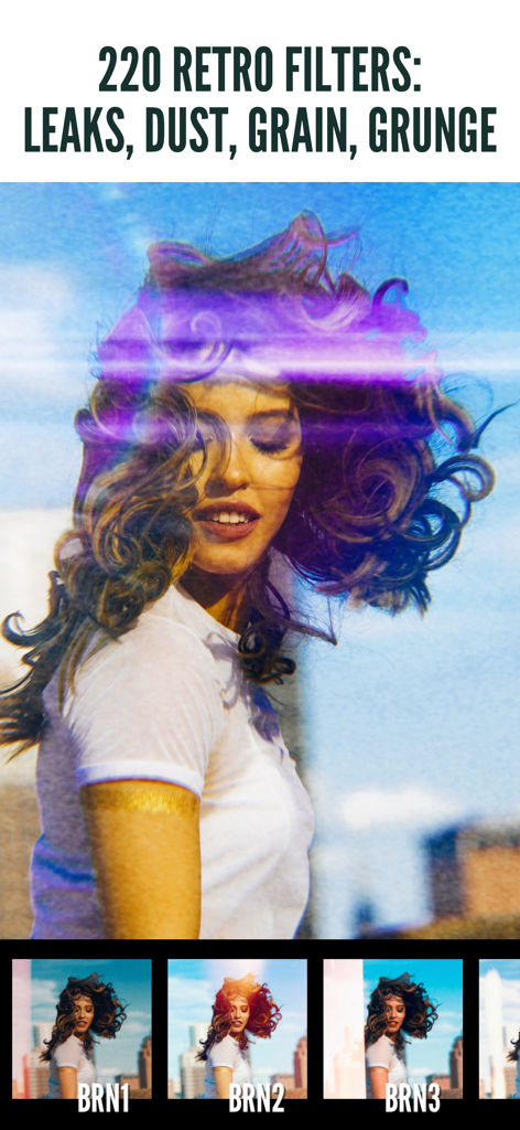 1967: Retro Filters & Effects - Foto de mujer con efectos de fuga de luz vintage y grano de película