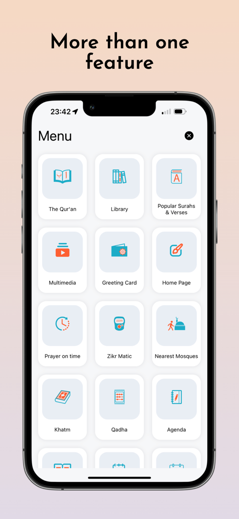 Screenshot del menu dell'app Azan Time Pro che visualizza varie funzionalità islamiche tra cui icone per Corano, orari di preghiera e localizzatore di moschee.