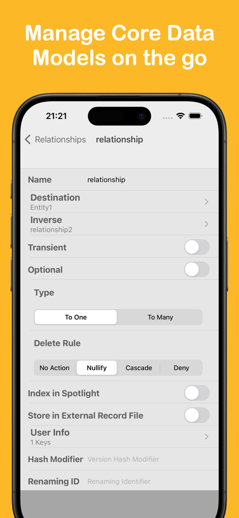 Core Data Manager - Interface pour gérer les paramètres de relation Core Data sur un appareil mobile