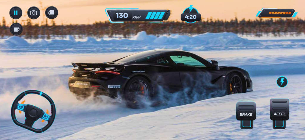 Screenshot di gioco di Drift Xtreme che mostra una supercar nera in derapata su una pista innevata con controlli di gioco mobile