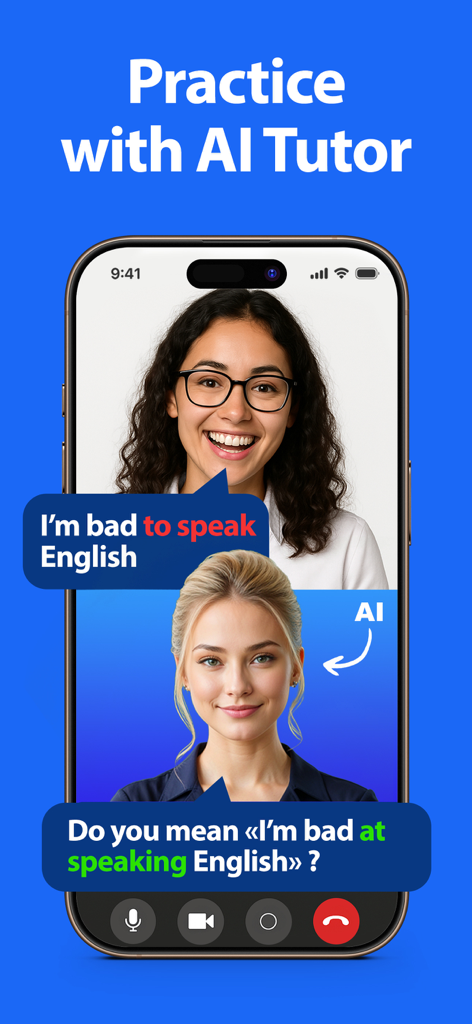 Master English - ENGO - スマートフォンの画面に、英語の会話中にリアルタイムで文法訂正を行うAIチューターとのビデオ通話が表示されています