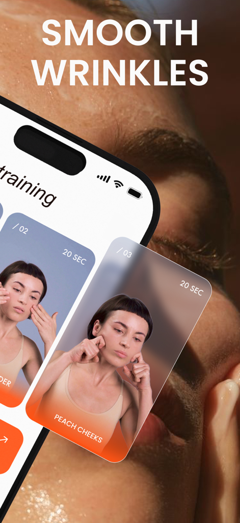 Liftique: Face Fitness - A mobile app interface for Liftique showing facial exercise tutorials to smooth wrinkles and tone cheeks