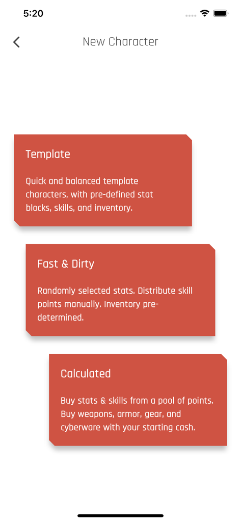 New character screen with options for Template, Fast and Dirty, and Calculated character creation methods.