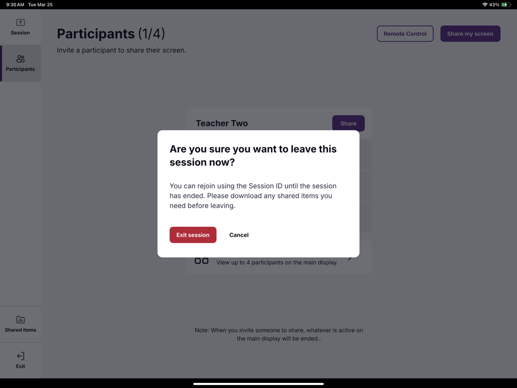 Confirmation pop-up to leave a screen sharing session in the SMART Mirror app