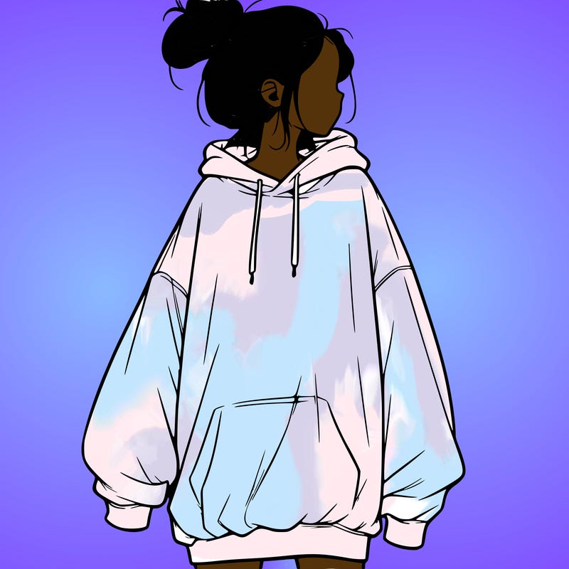 realistic girl with a oversized sweatshirt on and a bun