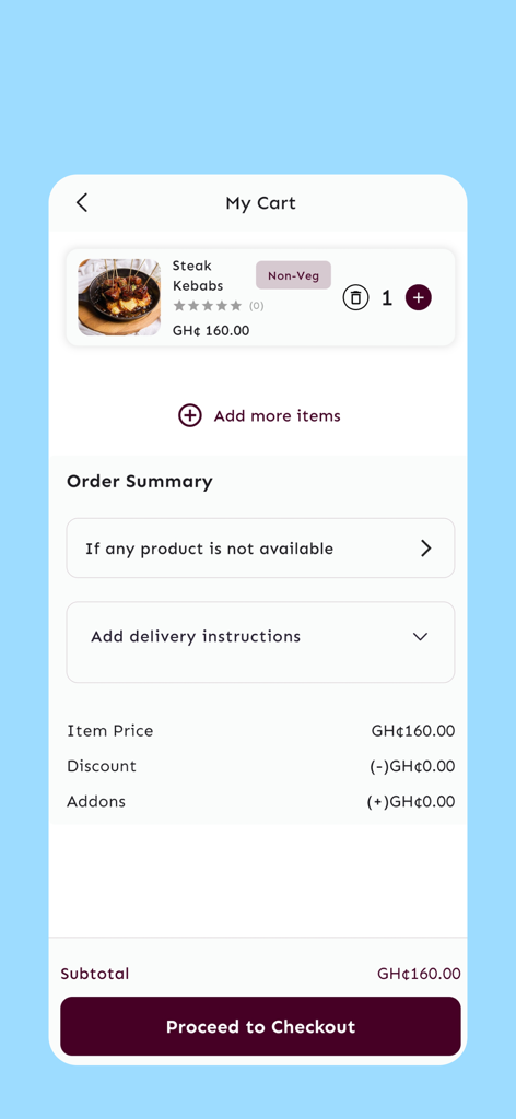 +233 Eats - Pantalla de pago de la aplicación +233 Eats que muestra un resumen del pedido de brochetas de carne.