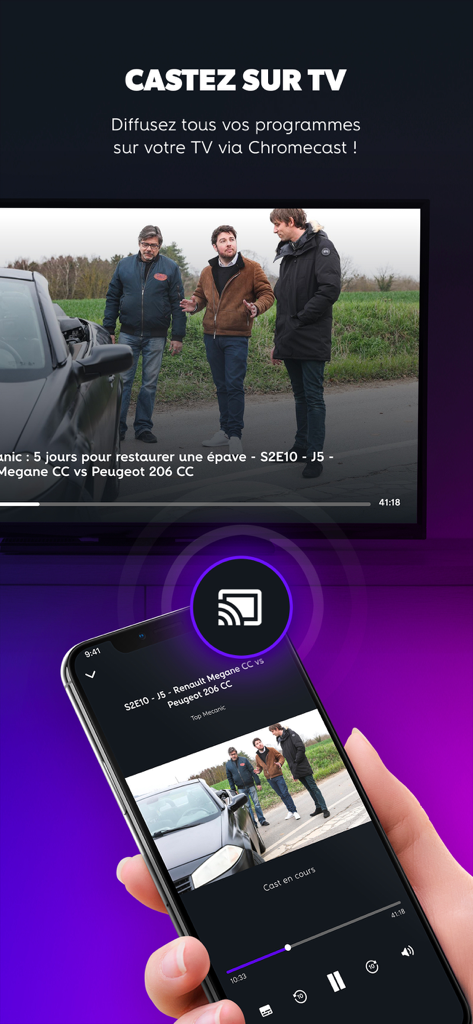 Casting de programmes TV français depuis l'application RMC BFM Play vers une télévision via Chromecast.
