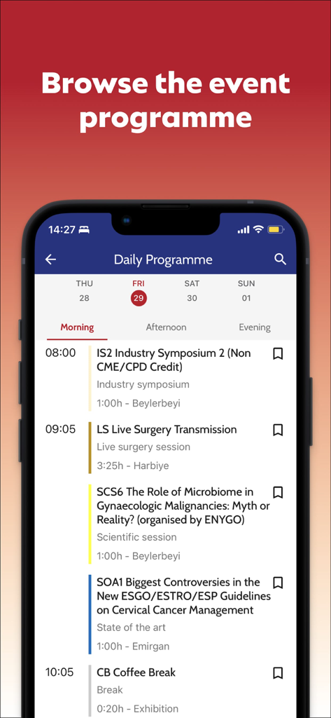 Mobile app screen showing the daily scientific programme and schedule for an ESGO oncology conference