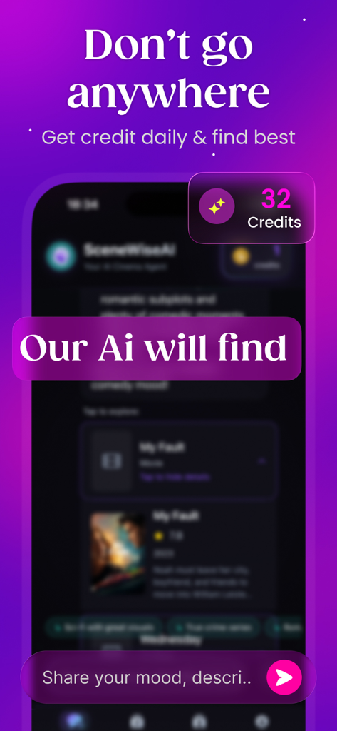 PipeCalc AI: Movie & TV Picks - Oberfläche der PipeCalc AI App, die den Film-Discovery-Chat und das Belohnungskreditsystem anzeigt