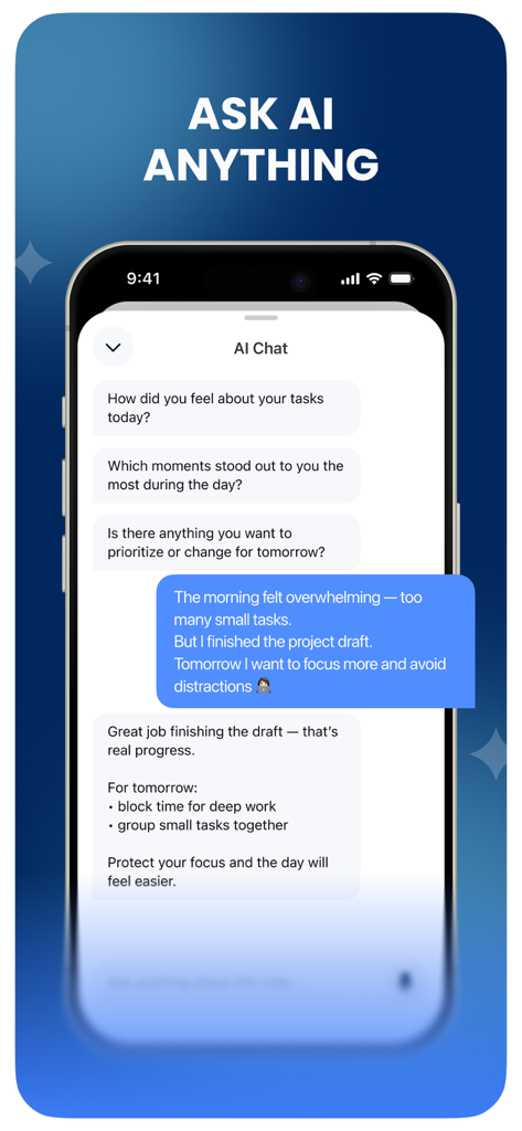 AI Note Taker & Voice Notes - Interfaz de chat de IA que proporciona consejos de productividad y reflexión sobre tareas