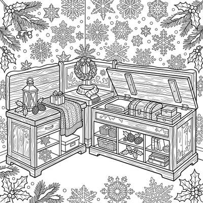 Discover a delightful winter scene featuring beautifully detailed storage benches, perfect for a cozy coloring session. This charming page invites you to add your personal touch to a festive, organized space.