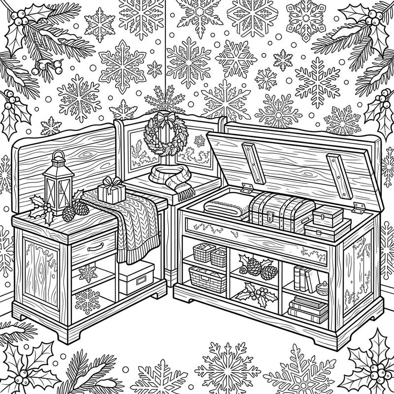 Discover a delightful winter scene featuring beautifully detailed storage benches, perfect for a cozy coloring session. This charming page invites you to add your personal touch to a festive, organized space.