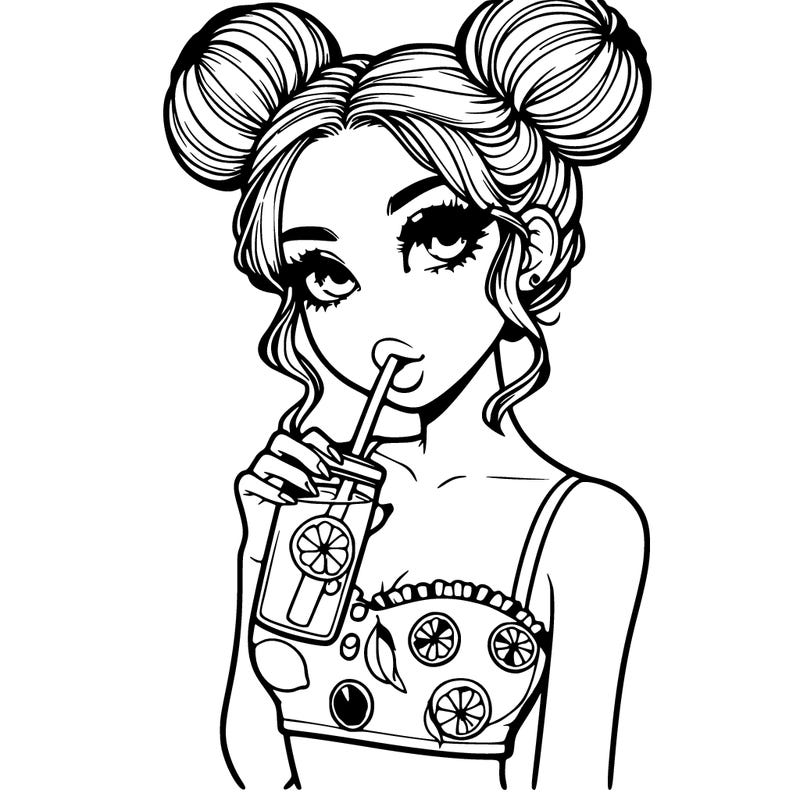 realistic girl with buns and lemon themed makeup drinking lemonade eith a crop top
