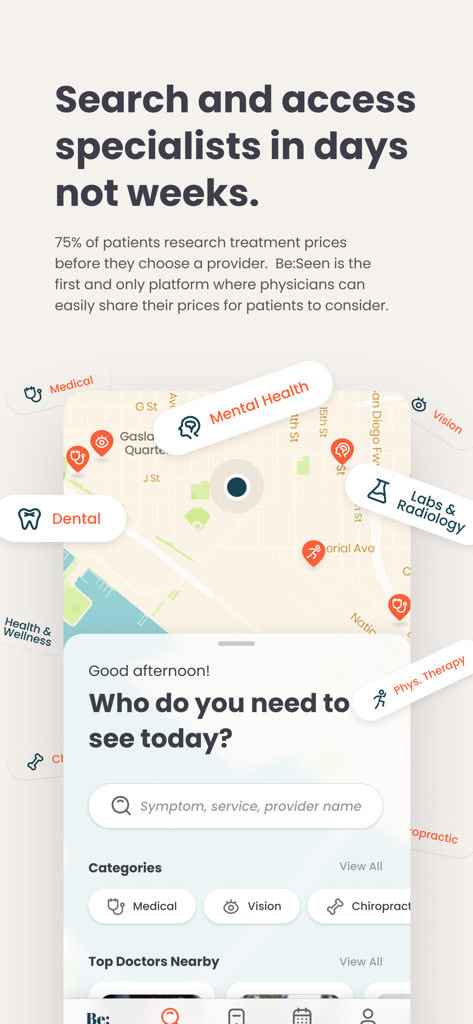 Be:Seen Health - BeSeen Health app interface showing a map and medical categories for searching specialists