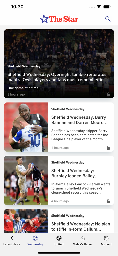 The Sheffield Star Newspaper - Interfaz de la aplicación The Sheffield Star que muestra noticias deportivas y titulares para Sheffield Wednesday.