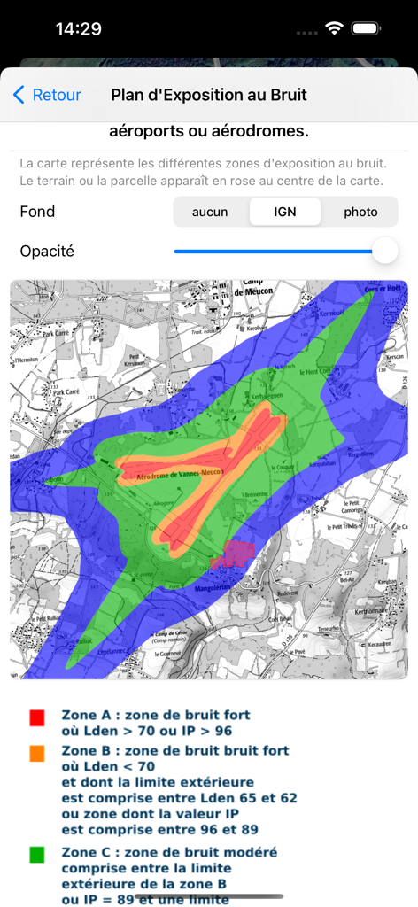 Coo - Mapa apresentando zonas de exposição ao ruído em redor de um aeroporto na aplicação móvel Coo.