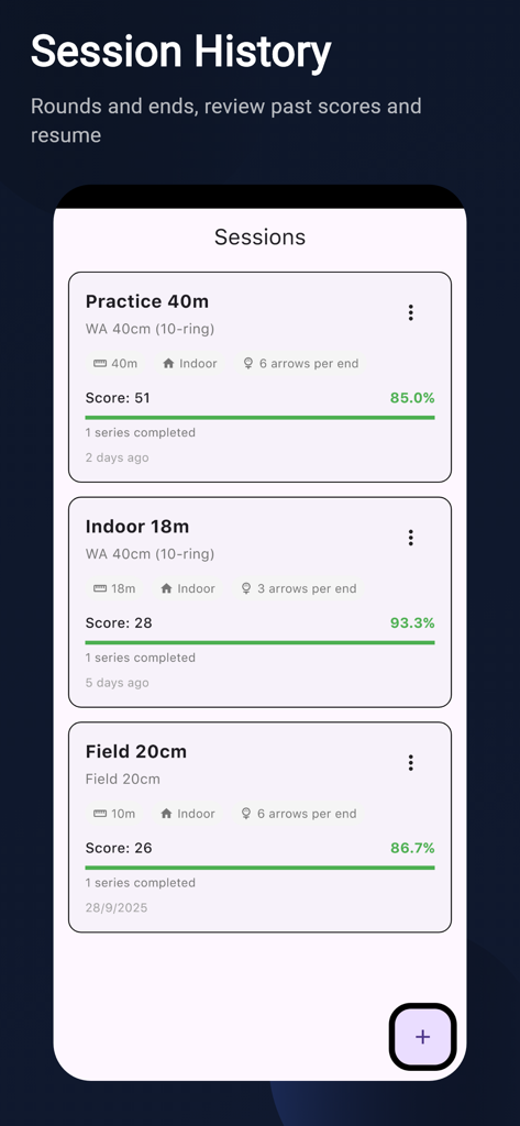 Archersense: AI Archery Coach - Vista del historial de sesiones de tiro con arco que muestra puntuaciones y detalles de la sesión de práctica.