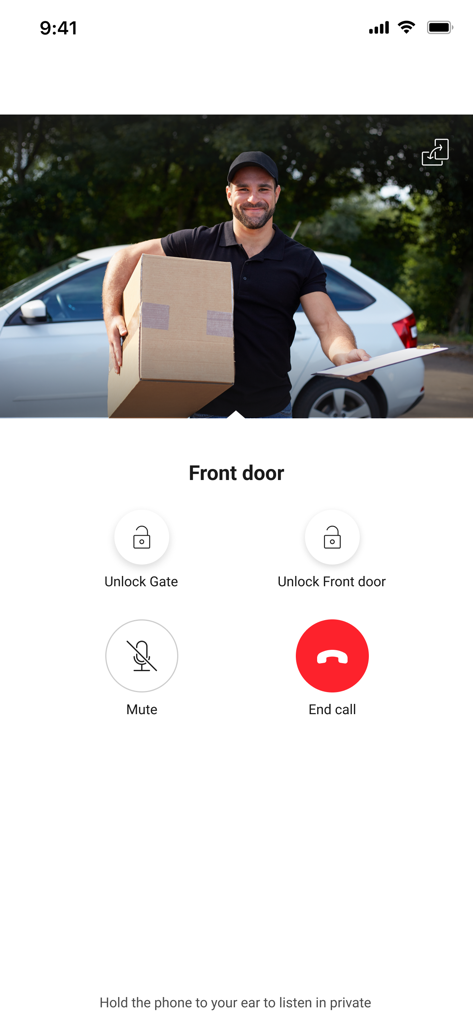 Access Control - Oberfläche der Niko Zugangskontrolle-App während eines Videoanrufs mit einem Lieferboten an der Haustür mit Fernöffnungsfunktionen