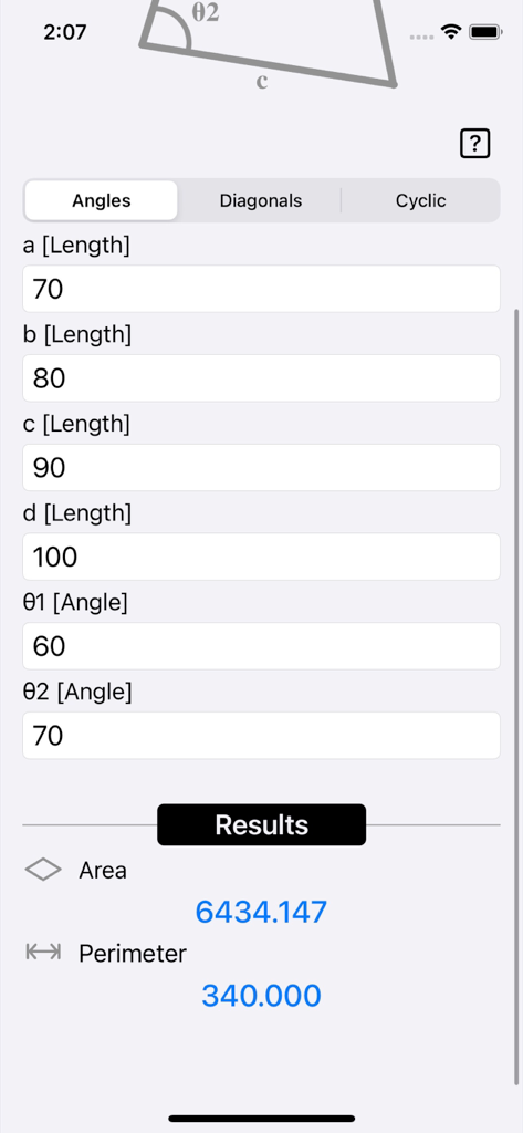Quadrilateral Calculator app interface showing input fields for side lengths and angles with calculated area and perimeter results