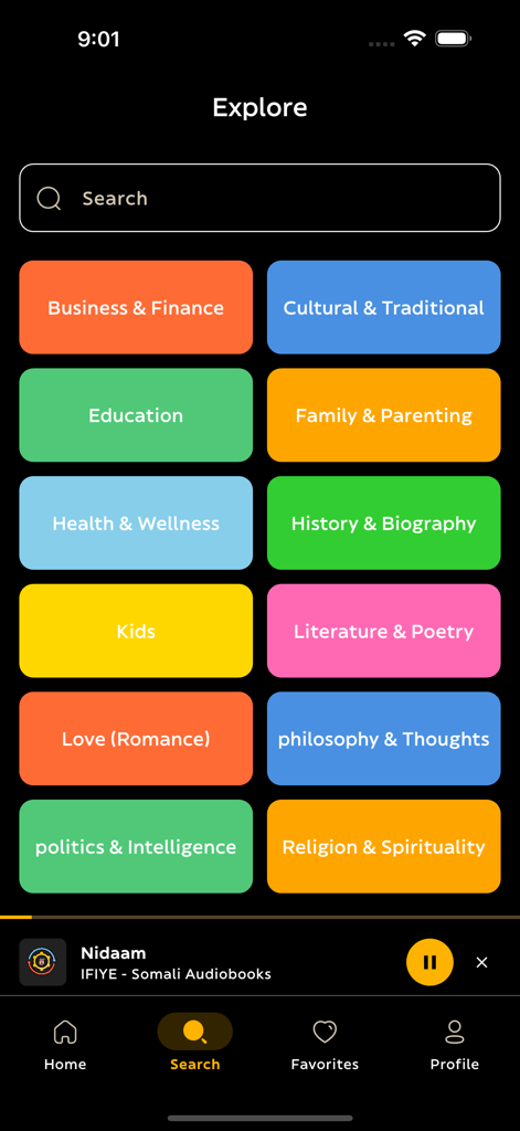 Suchbildschirm der IFIYE App, der Hörbuchkategorien wie Geschichte, Literatur und Persönlichkeitsentwicklung anzeigt.