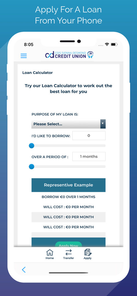 Cois Sionna Desmond CU - Screenshot of the loan calculator feature in the Cois Sionna Desmond CU mobile app