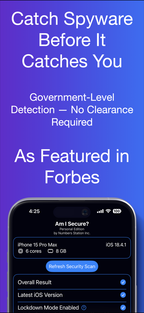 Am I Secure? Antivirus Pro - Am I Secure Antivirus Pro interface showing security scan results and spyware detection on iPhone.