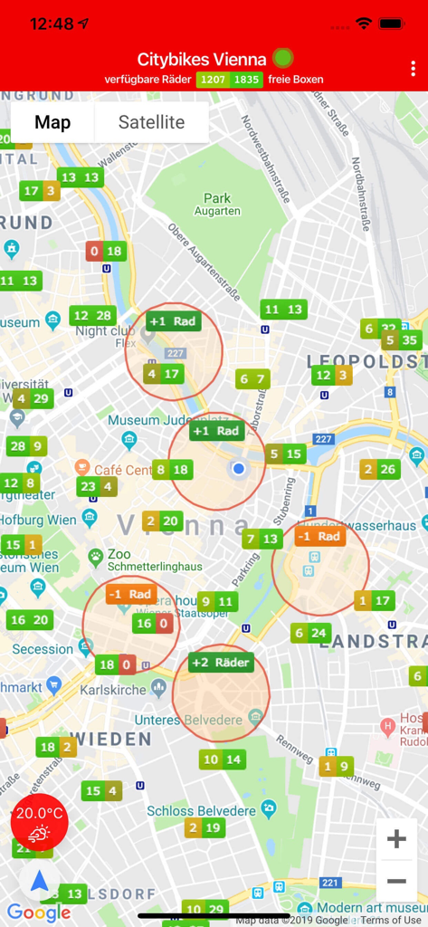 Citybikes Vienna - Eine Kartenoberfläche der Citybikes Wien App, die die Echtzeit-Fahrradverfügbarkeit und den Status der Dockingstationen in der Stadt anzeigt