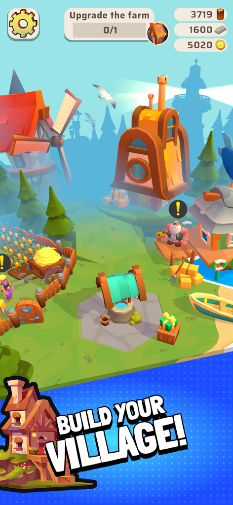 Survival Games - Questopia - Questopia의 다채로운 섬 마을 상단 보기, 자원 카운터와 농장 건물이 보임