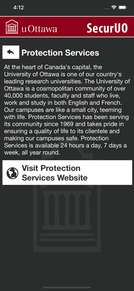 SecurUO - Pantalla de la aplicación SecurUO de la Universidad de Ottawa que muestra información sobre los Servicios de Protección del campus