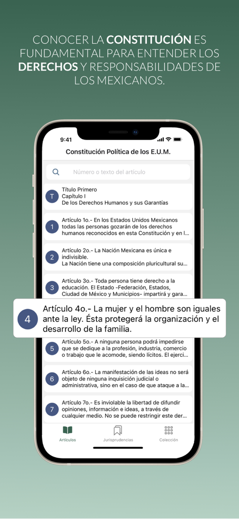 Constitución México - Interfaz de la aplicación Constitución México mostrando artículos sobre derechos humanos y responsabilidades en un teléfono móvil