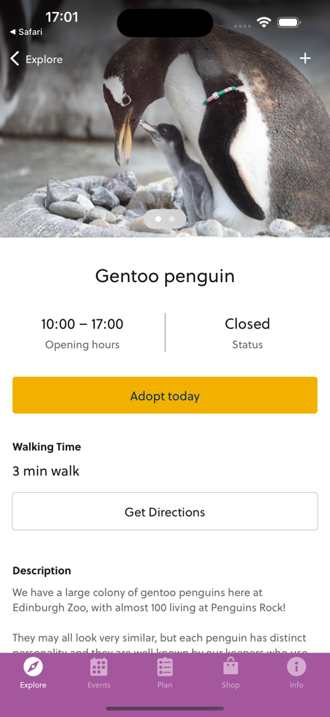 Edinburgh Zoo - Bildschirm der mobilen App des Edinburgh Zoo mit Details für das Gentoo-Pinguin-Gehege, einschließlich Gehzeit und Wegbeschreibung