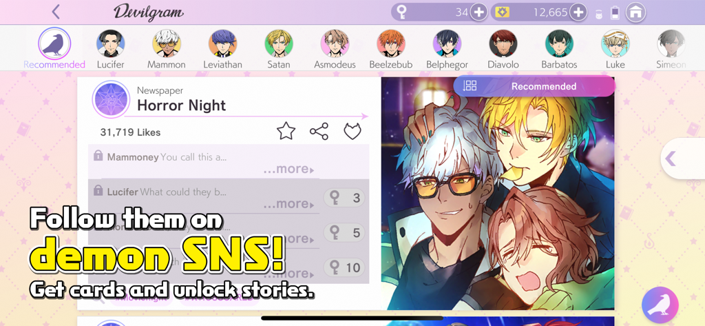 Interface of the Devilgram social media feature in the Obey Me game featuring anime characters