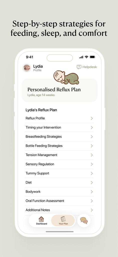 Baby Reflux Guide - Screenshot of the Baby Reflux Guide app showing a personalized reflux plan with step-by-step feeding and comfort strategies.