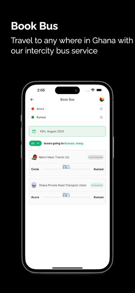 Interfaz de la aplicación Tap n Go que muestra opciones para reservar un autobús interurbano de Accra a Kumasi en Ghana