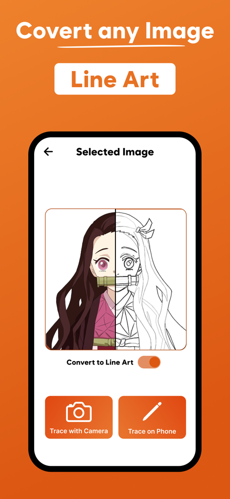 AR Drawing - Trace & Sketch - App screen showing a color anime character converted into a line art outline for tracing.