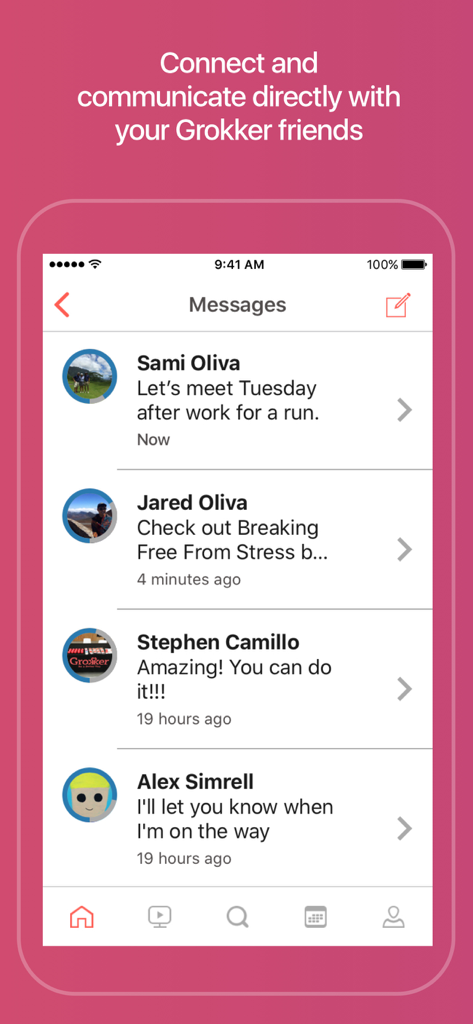 Grokker: Yoga, Fitness, Mind - Grokker app messaging screen for connecting with fitness friends.