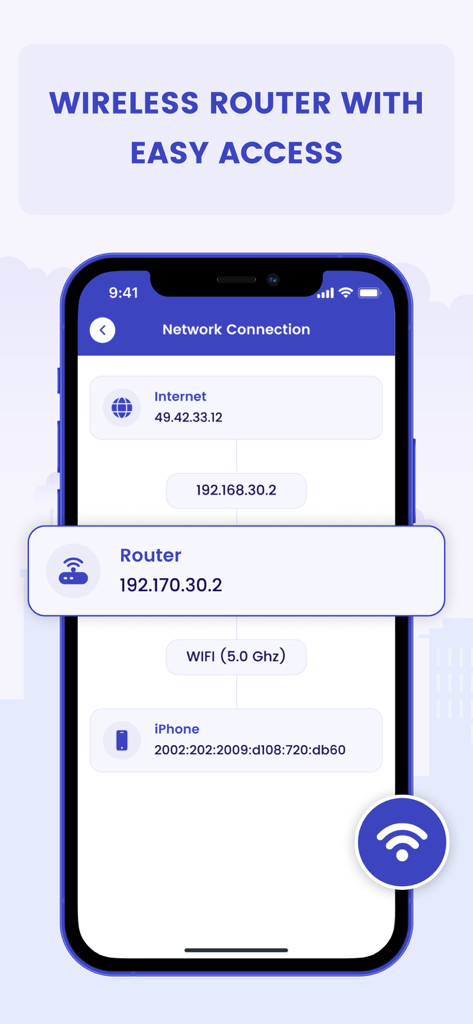 All Router Password Manager - Smartphone screen displaying the network connection path between internet router and iPhone