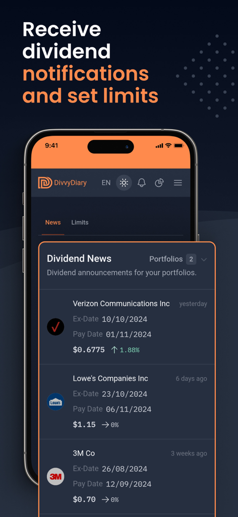 DivvyDiary - DivvyDiary app interface showing dividend news and stock payment notifications