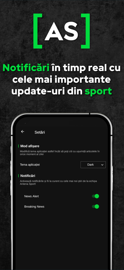 AntenaSport - AntenaSport app settings screen showing real-time notification options and dark mode