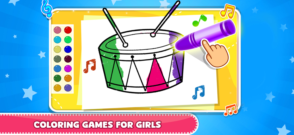 Simple Piano Songs Music Games - A digital coloring book screen where a hand uses a purple crayon to color a drum in a pink musical game for girls.